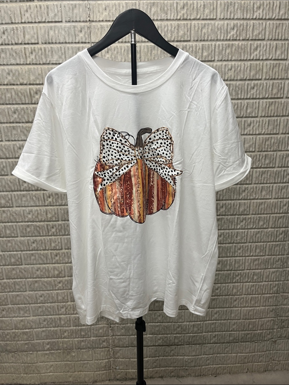 White Women's Pumpkin Graphic Tee with Polka Dot Bow